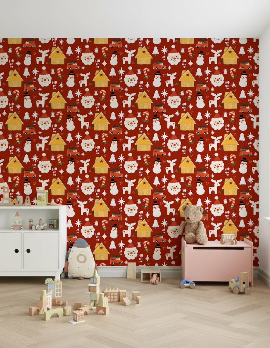 Festive red and yellow color on Retro Christmas Cheer Wallpaper.