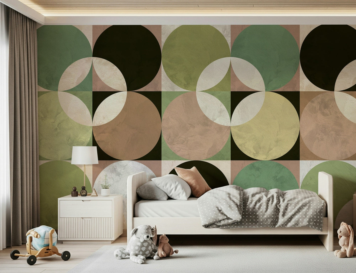 Sitting room with the stylish Retro Circle Harmony Wall Mural backdrop.