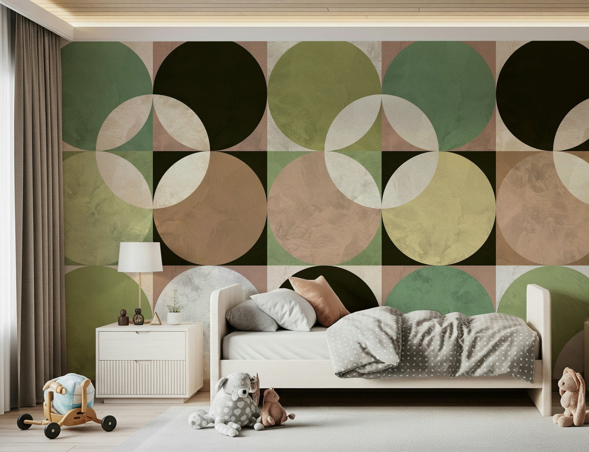 Sitting room with the stylish Retro Circle Harmony Wall Mural backdrop.