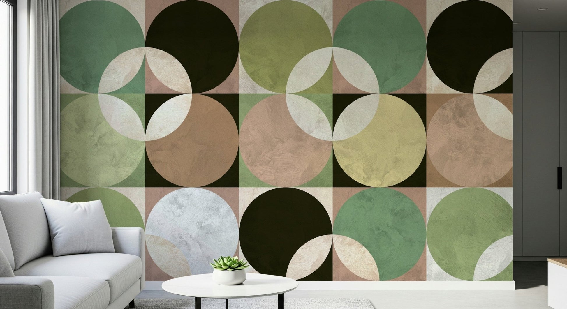 Retro Circle Harmony Wall Mural creating a stylish, dynamic living space.