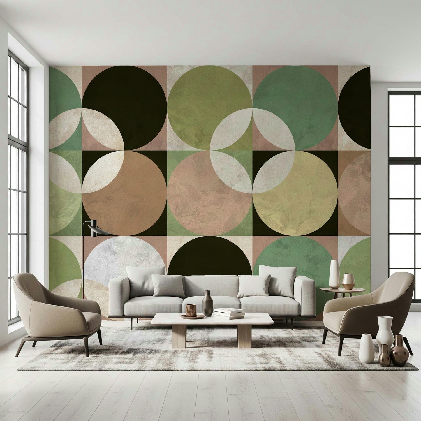 Orange and teal color scheme of the Retro Circle Harmony Wall Mural.