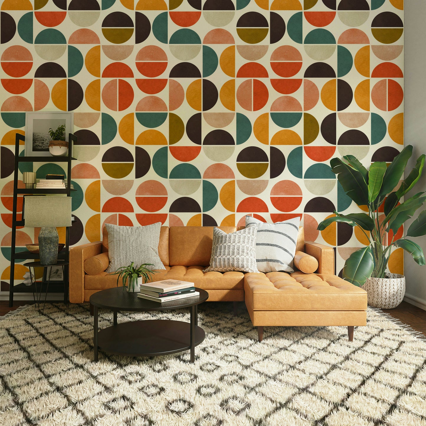 The colors are a playful vintage palette of mustard yellow, brown, orange, and teal.

