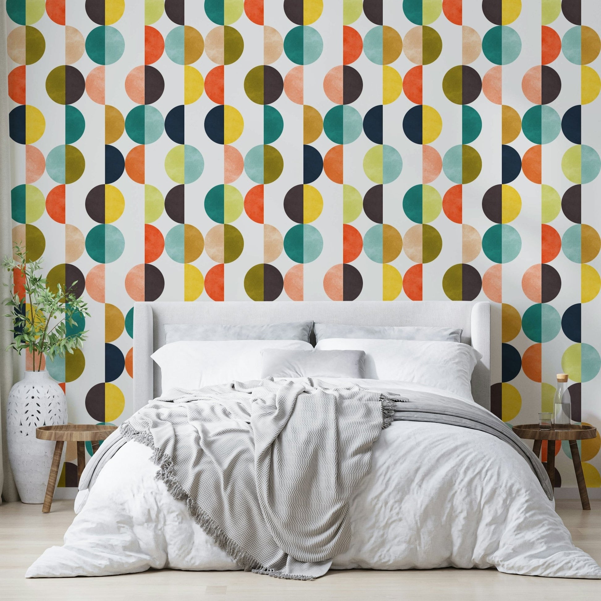 The room feels fun and lively due to the bold, colorful design.

