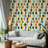 The colors are a vintage palette of mustard, teal, orange, and brown.

