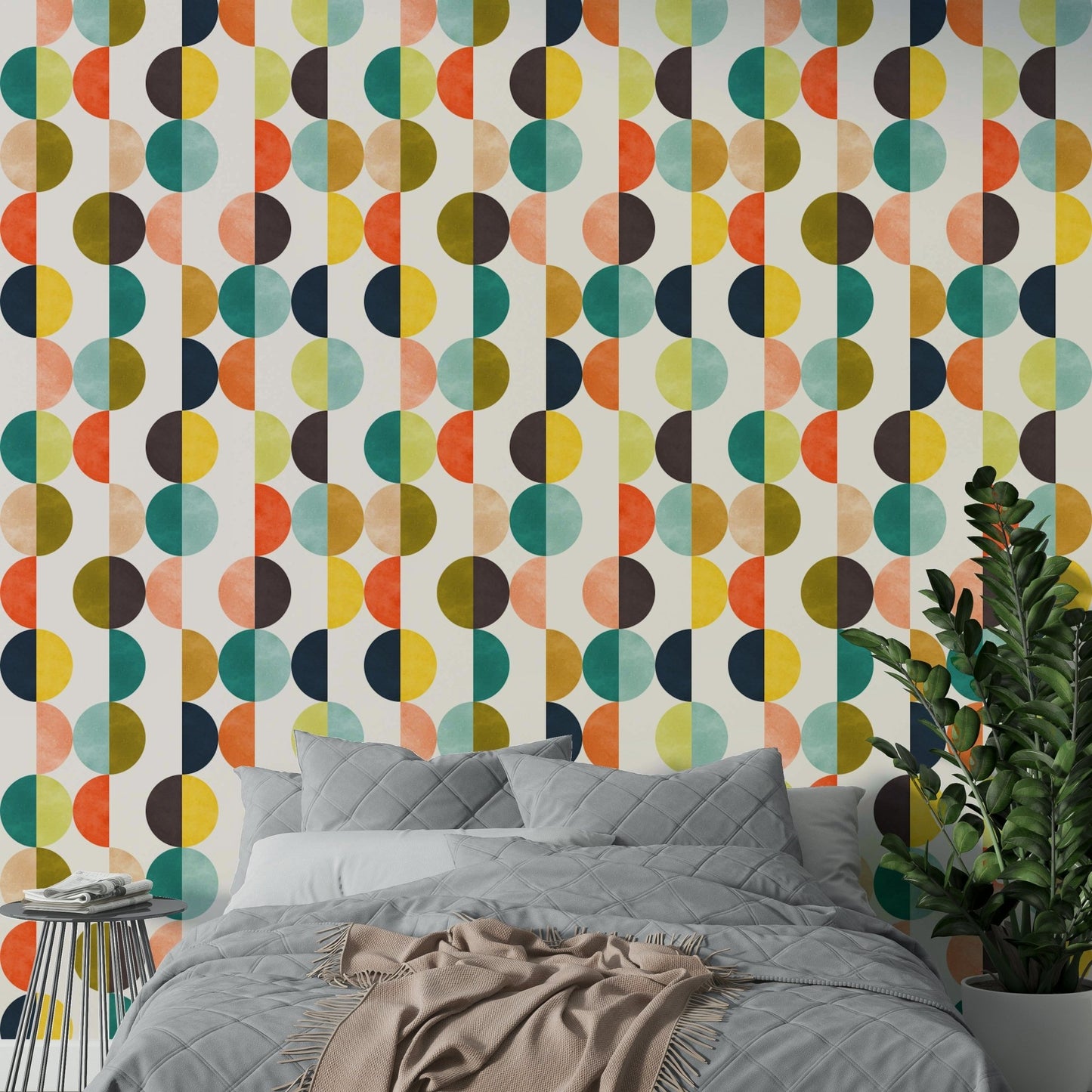 The wallpaper is applied seamlessly, giving the wall a uniform, high-end look.

