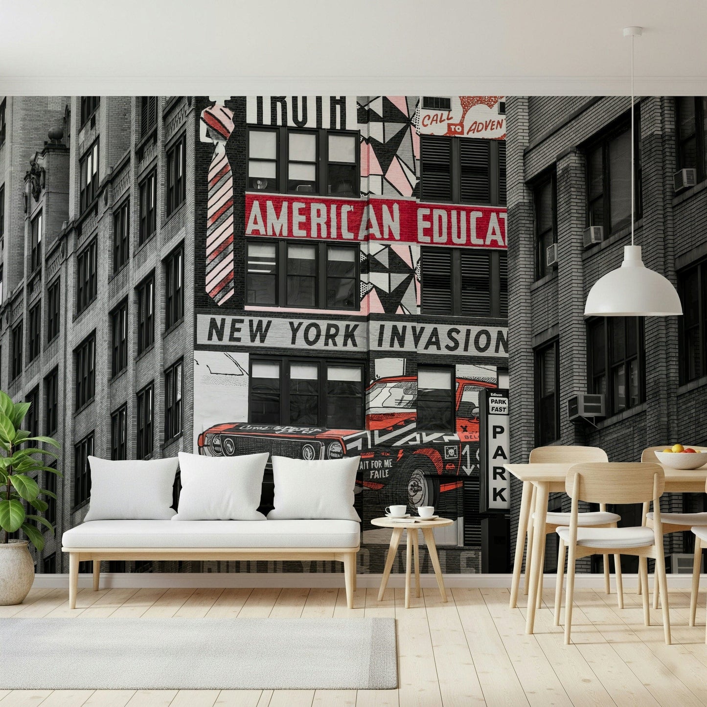 Vivid New York Invasion wall mural product, graphic building view.