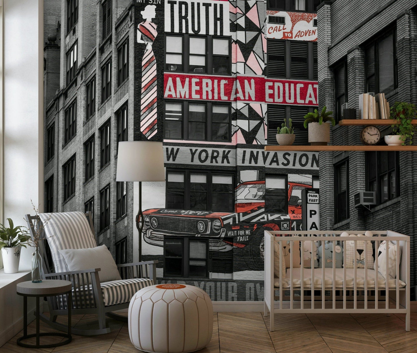 Industrial building mural, rebellious graphic design, powerful statement.