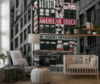 Industrial building mural, rebellious graphic design, powerful statement.