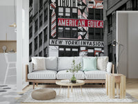 Captivating wall mural, black and white building, striking red accents.