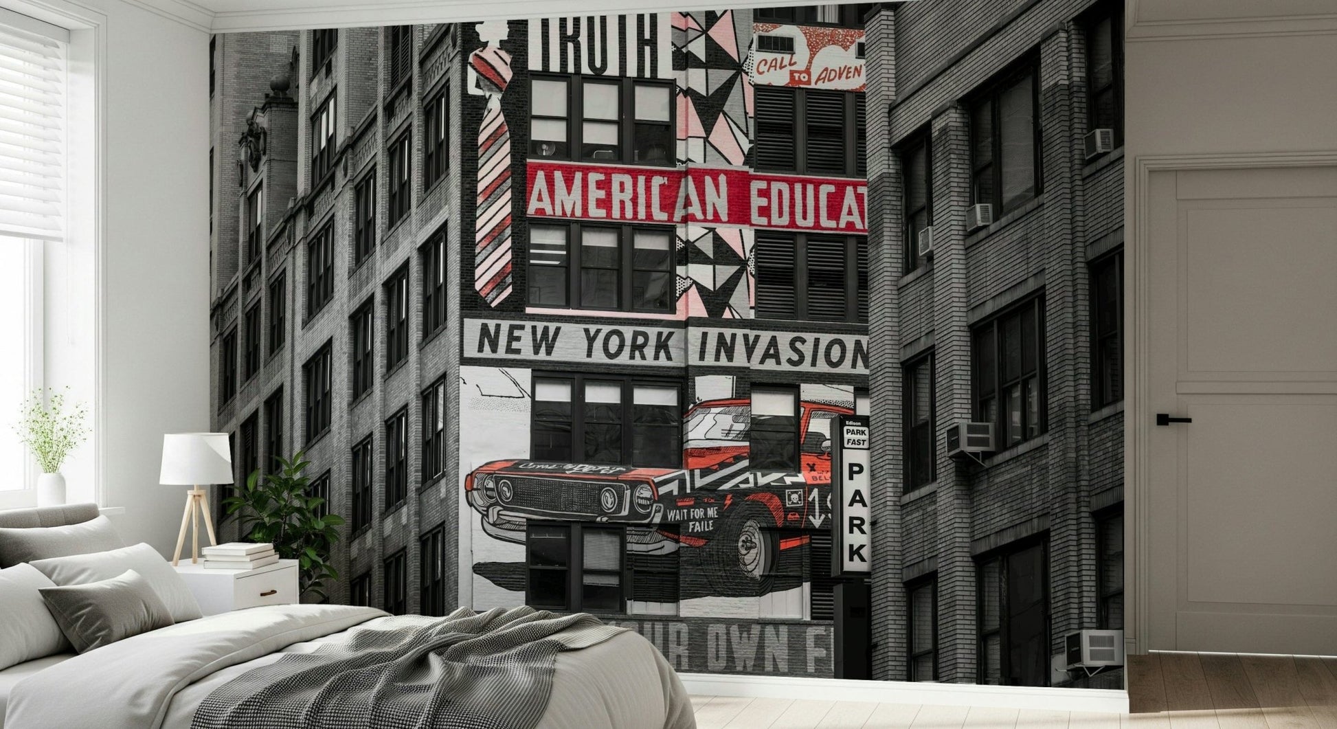 Retro City Murals product, iconic red vehicle, detailed facade mural.