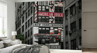 Retro City Murals product, iconic red vehicle, detailed facade mural.
