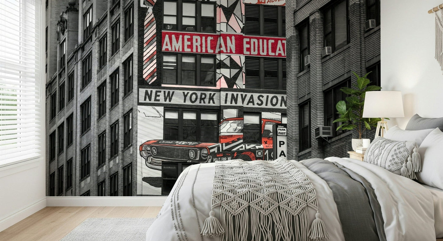 Modern wall mural, contrasting colors, architectural impact, Retro City.