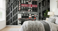 Modern wall mural, contrasting colors, architectural impact, Retro City.