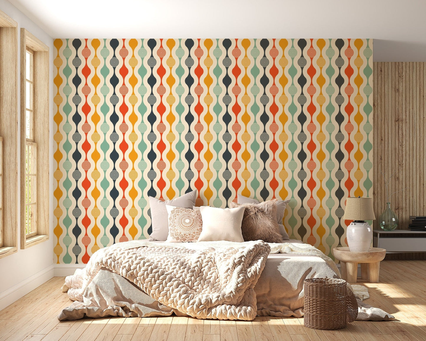 Playful retro bedroom wallpaper with colorful wavy patterns