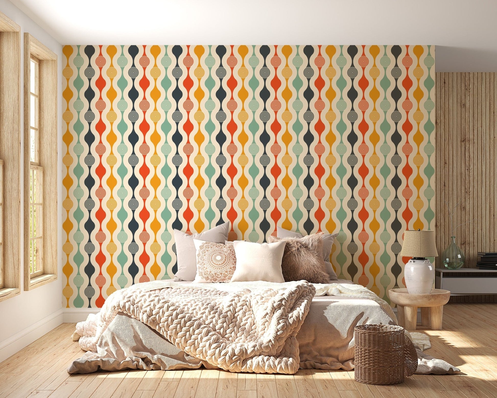 Playful retro bedroom wallpaper with colorful wavy patterns