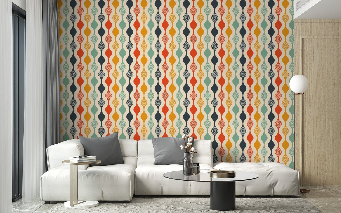 Vintage living room wallpaper featuring wavy abstract patterns.
