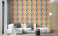 Vintage living room wallpaper featuring wavy abstract patterns.

