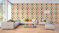 Vibrant retro curves wallpaper with colorful patterns in living room