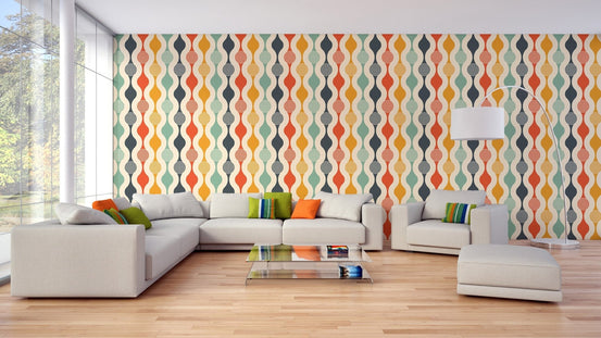 Vibrant retro curves wallpaper with colorful patterns in living room, B455