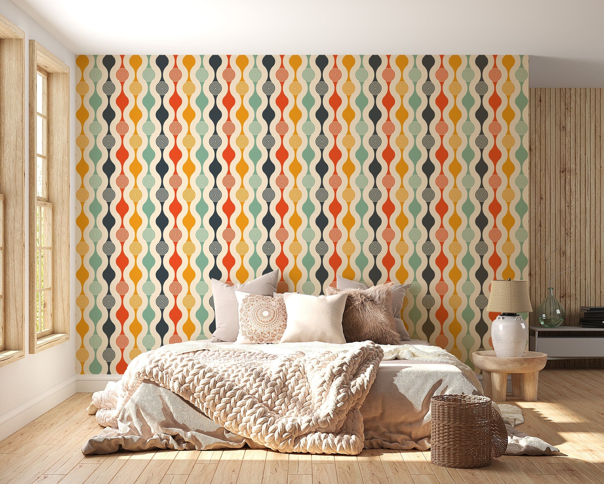 Playful retro bedroom wallpaper with colorful wavy patterns