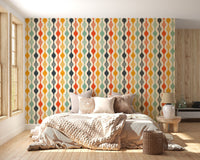 Playful retro bedroom wallpaper with colorful wavy patterns
