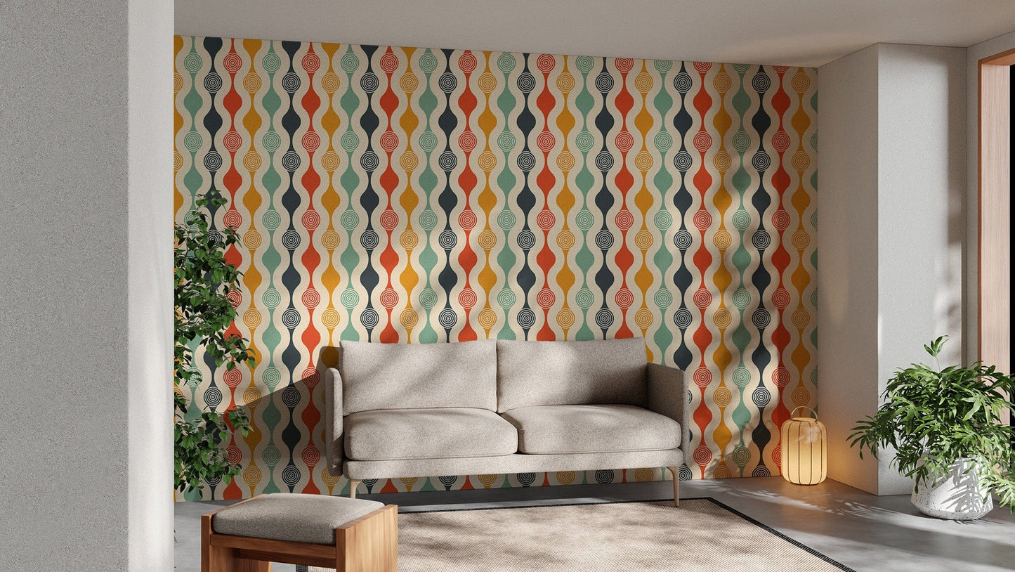 Abstract curved living room wallpaper with a retro aesthetic