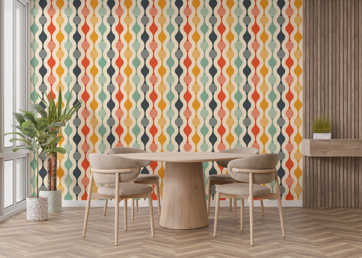 Mid-century modern dining room wallpaper with a curved motif