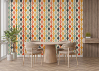 Mid-century modern dining room wallpaper with a curved motif