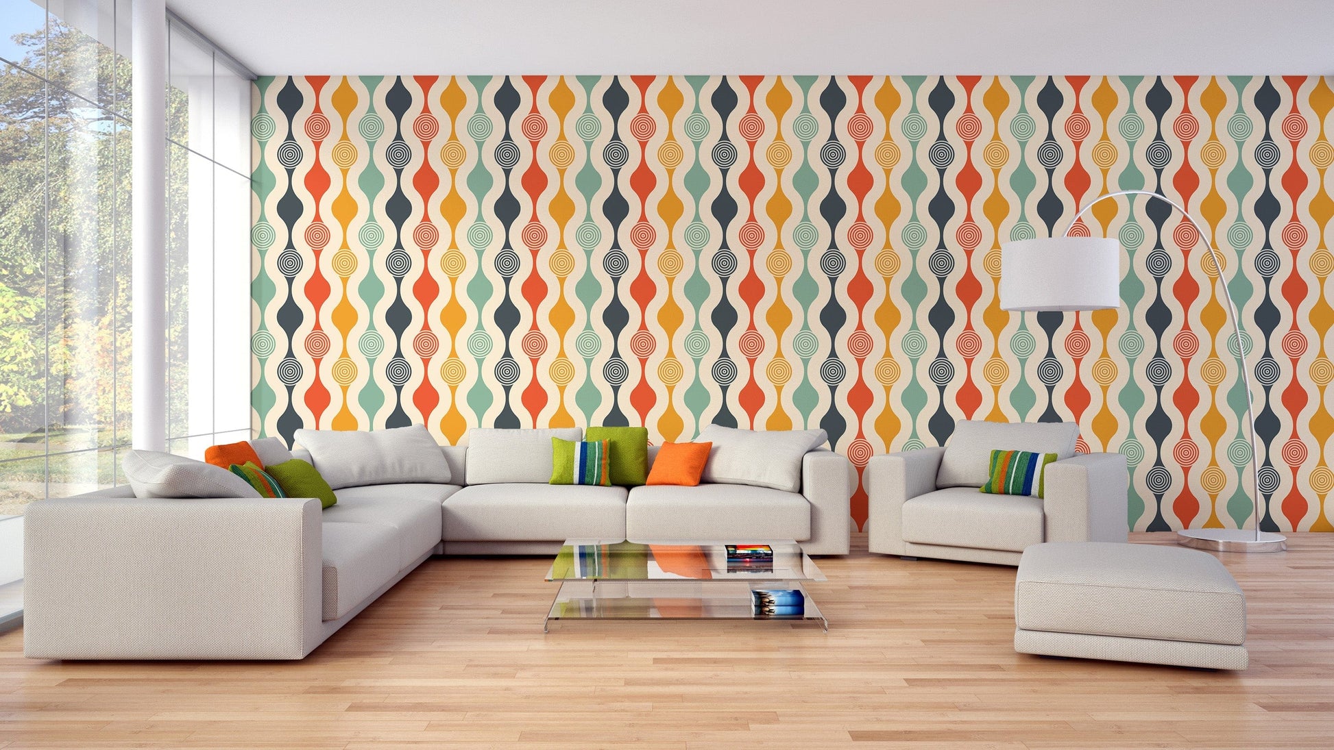 Vibrant retro curves wallpaper with colorful patterns in living room