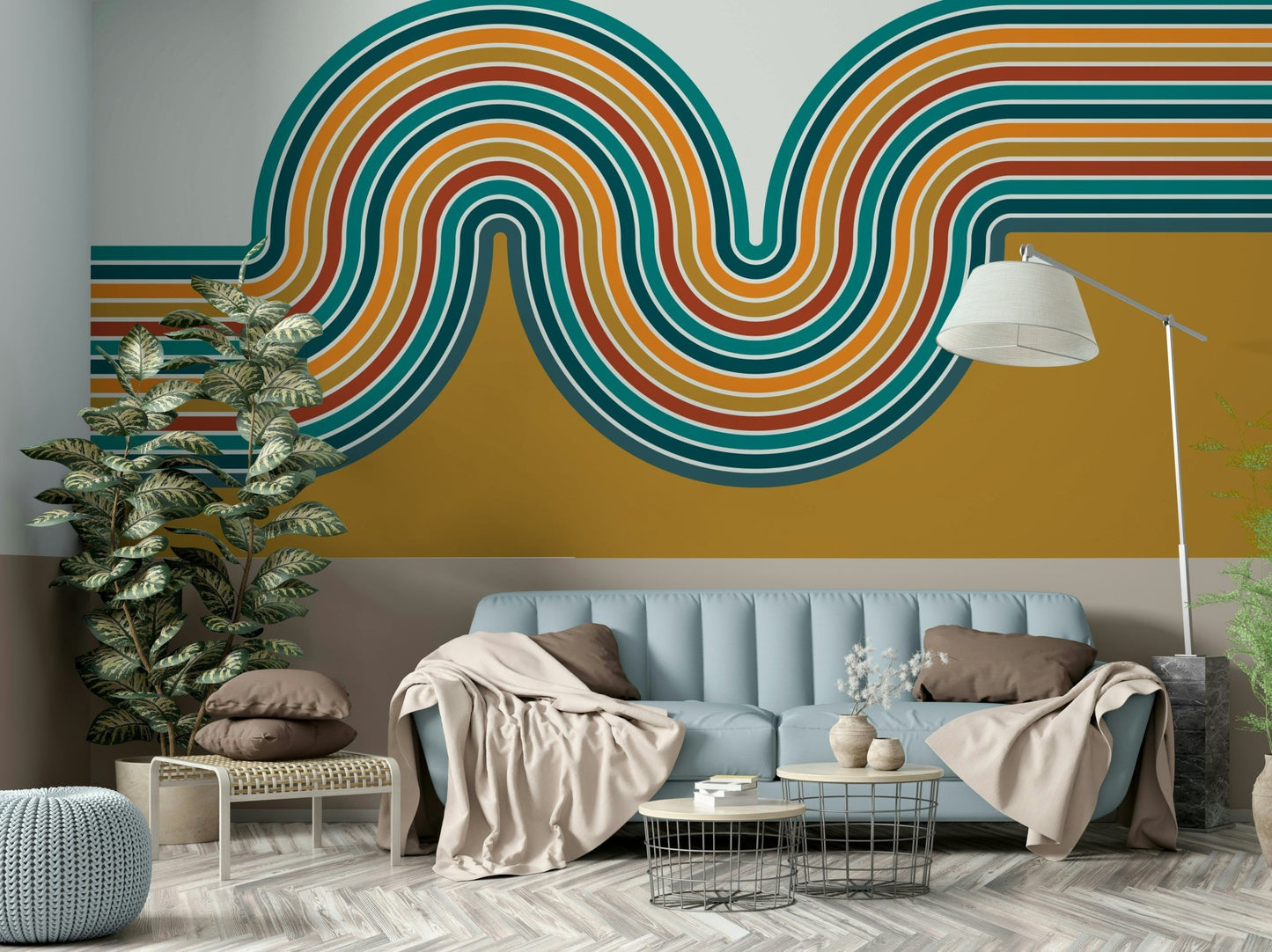 Living room with retro curved lines mural

