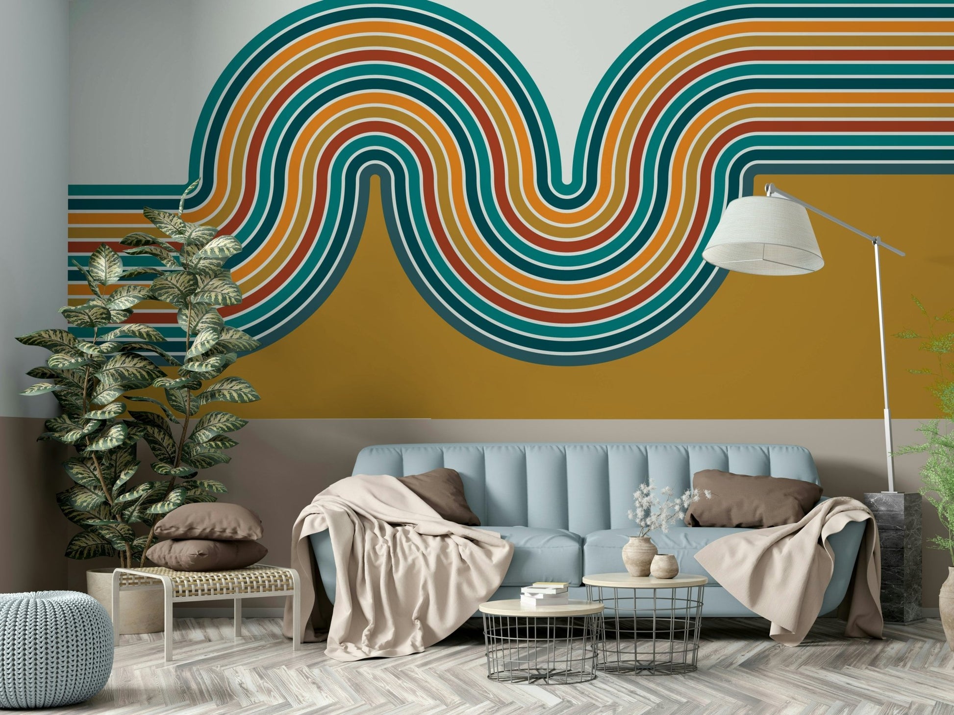 Living room with retro curved lines mural

