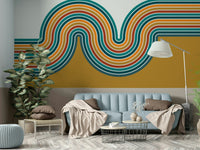 Living room with retro curved lines mural

