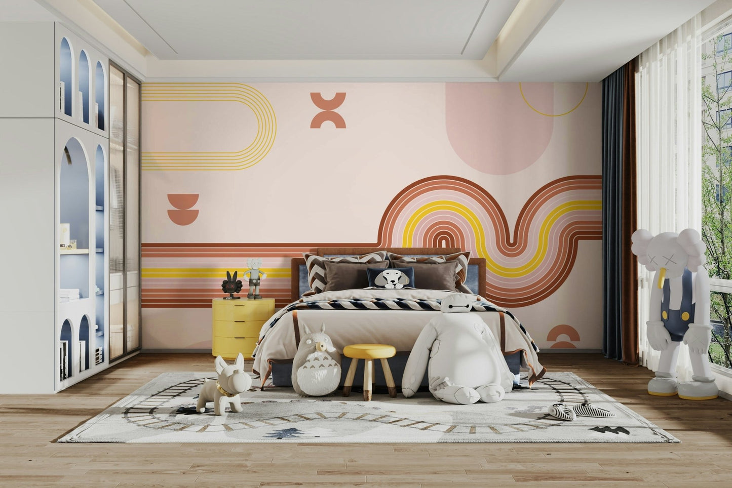 Bedroom accent wall with curvy line design

