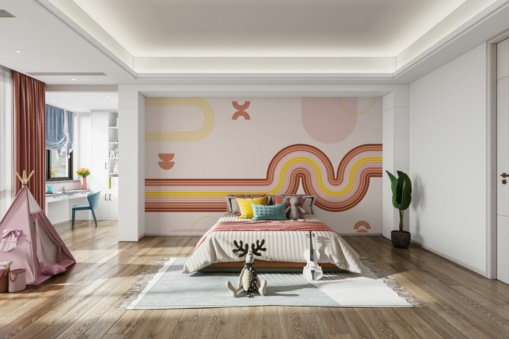 Retro Curvy Lines Boho Wall Mural full view

