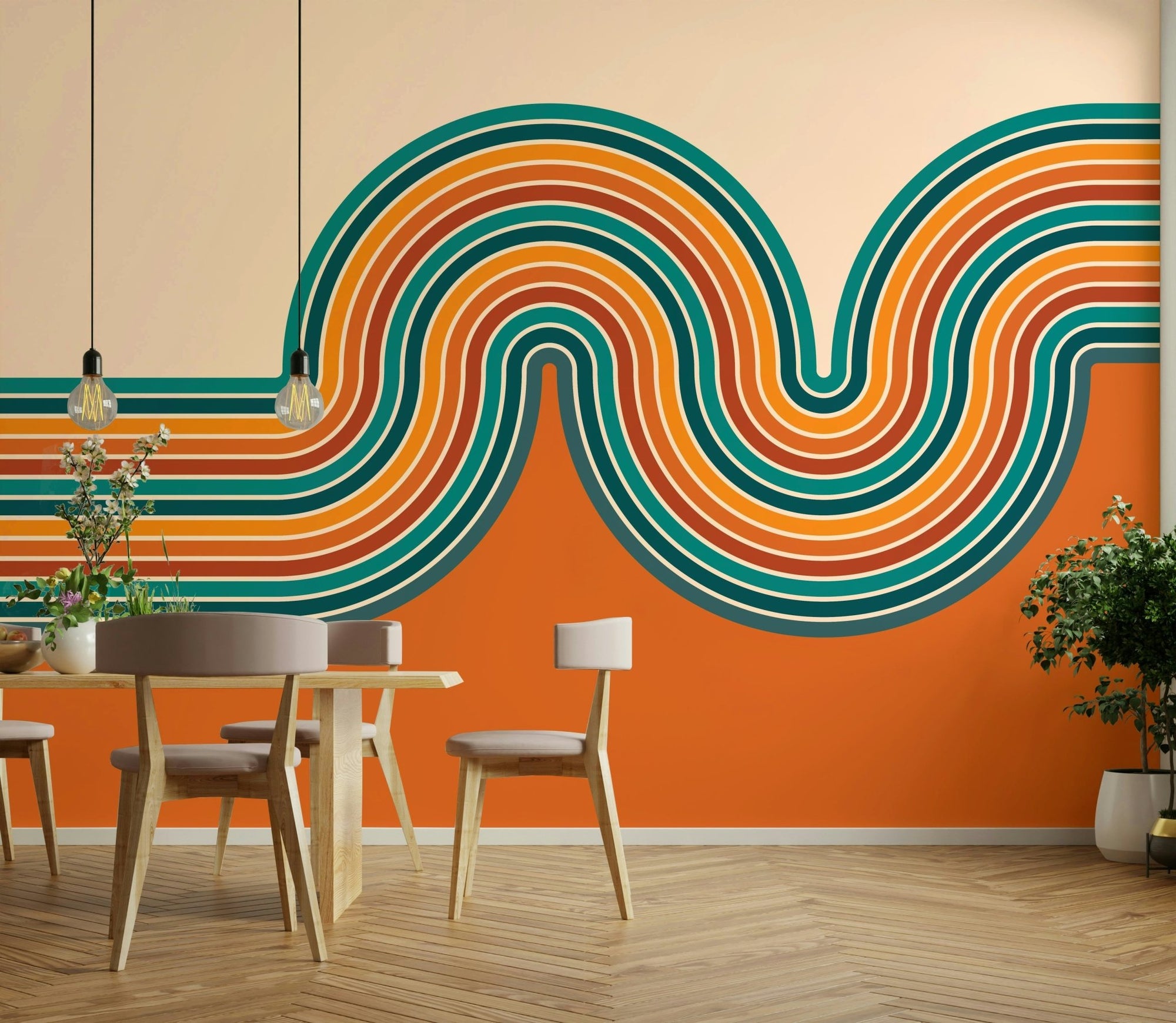 Retro Curvy Lines wall mural on living room wall GD535

