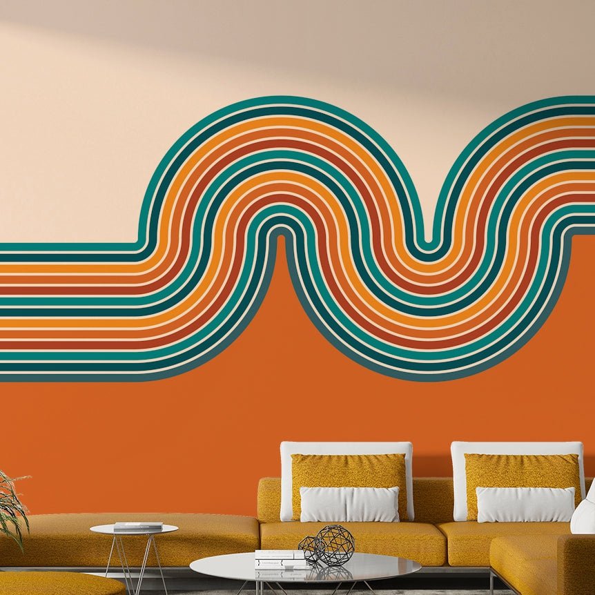 Living room accent wall with retro mural

