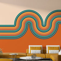 Living room accent wall with retro mural

