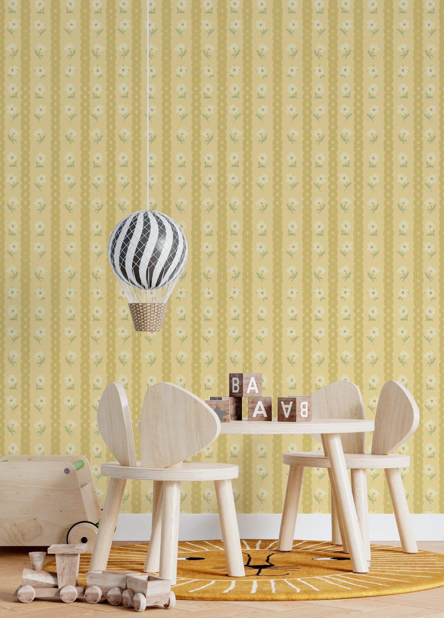 Retro Daisy Chains Wallpaper adds soft floral stripes to a bright kids play area, GD8122