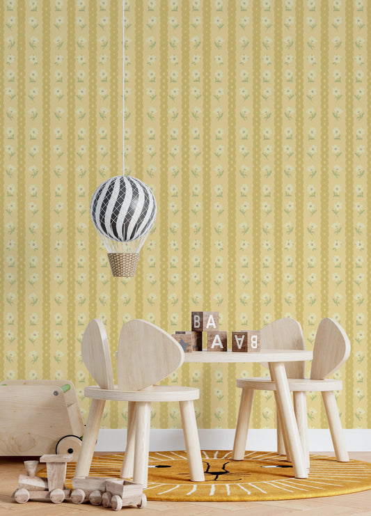 Retro Daisy Chains Wallpaper adds soft floral stripes to a bright kids play area