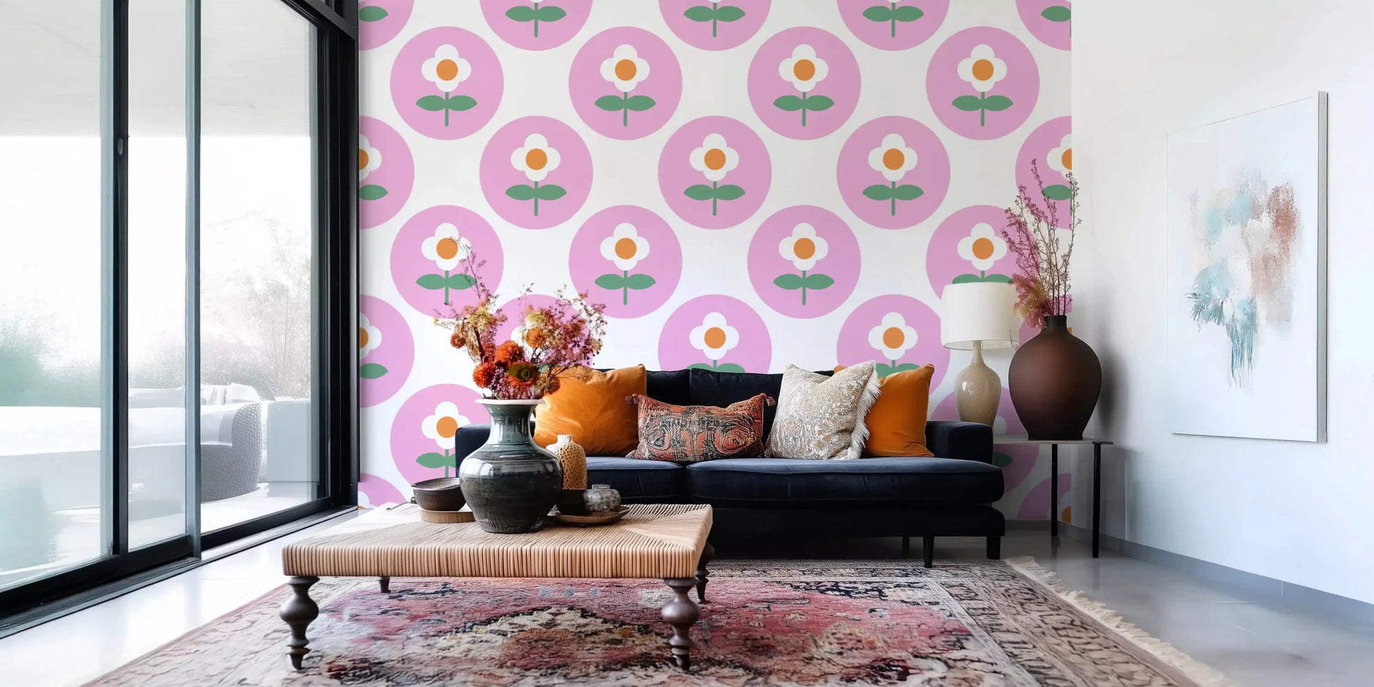 Retro Daisy wallpaper accents a contemporary living roomGD9455