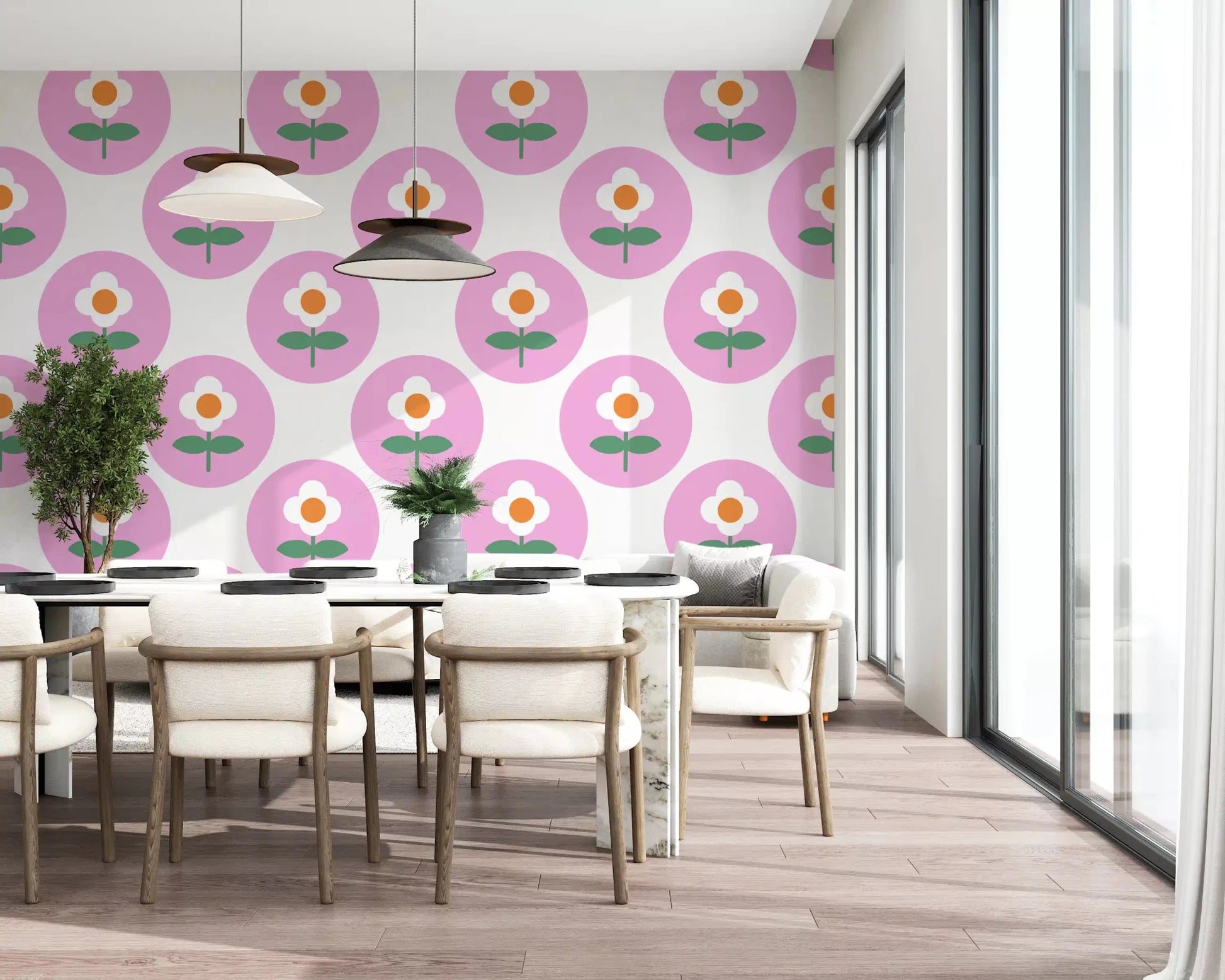 Pink Daisy Circles wallpaper for a light Dining space GD9455