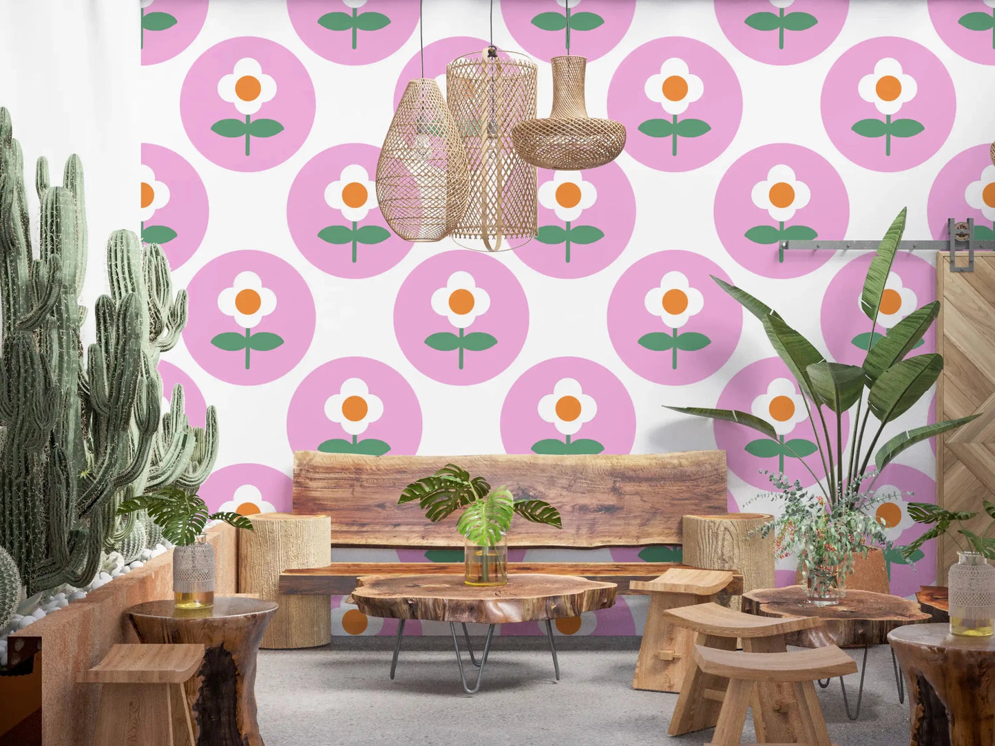 Playful Daisy Circles wallpaper within a bright dining room area GD9455