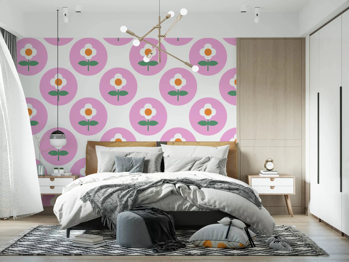 White flowers on pink discs within this Retro Daisy Circles wallpaperGD9455