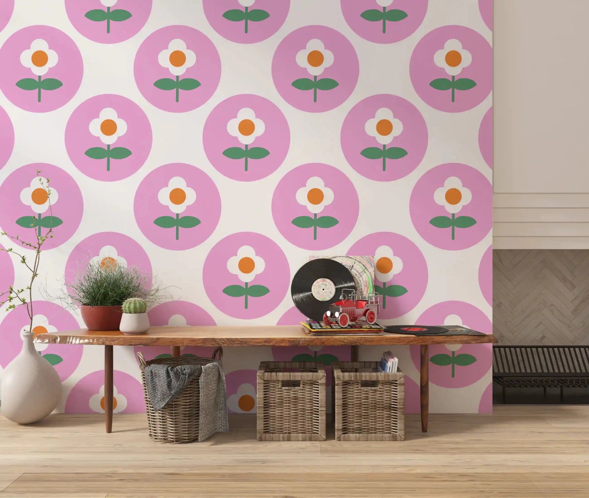 Constant repeat of the Pink Retro Daisy Circles wallpaper motifGD9455