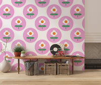 Constant repeat of the Pink Retro Daisy Circles wallpaper motifGD9455
