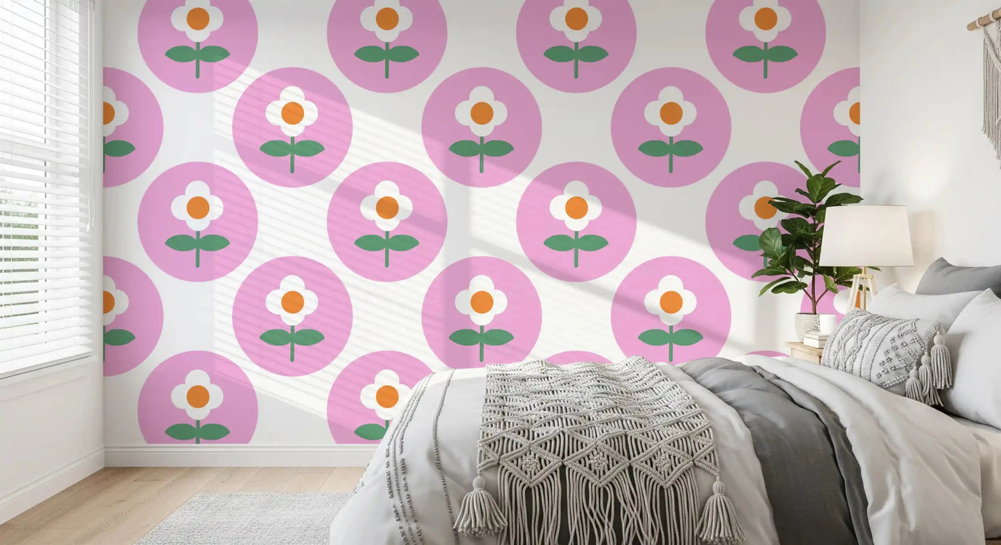 Pink Retro Daisy wallpaper installed in a cozy bedroomGD9455