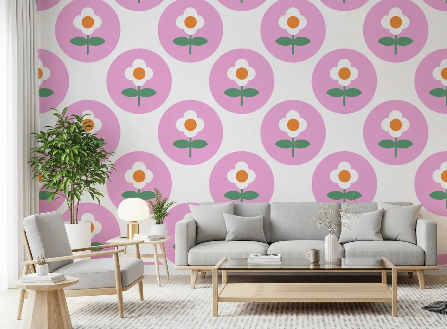 Soft pink Retro Daisy Circles wallpaper in a modern living roomGD9455