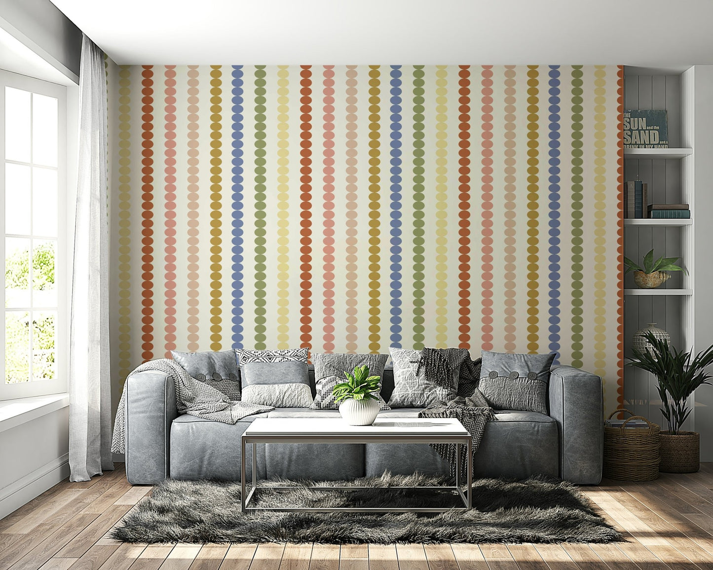 A minimalist wall mural with a repeating geometric pattern.

