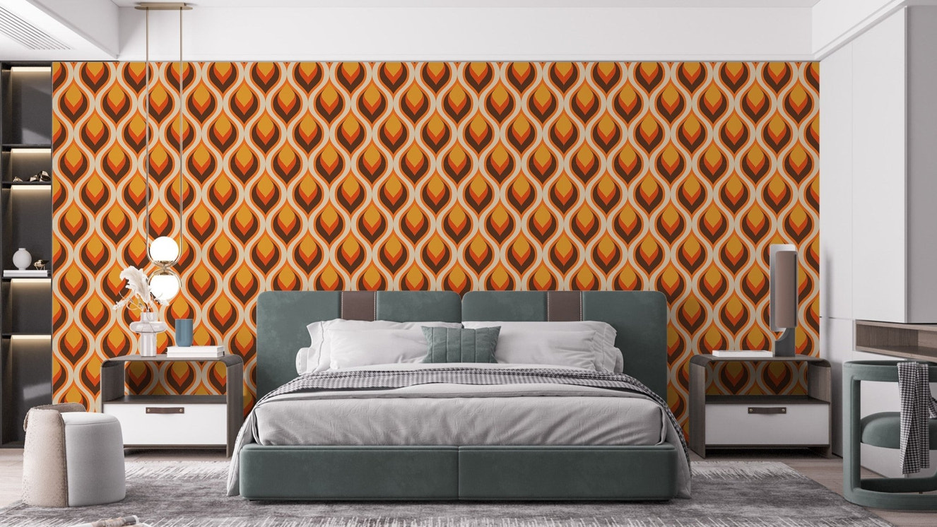 Vibrant retro flame wallpaper with bold design for bedroom