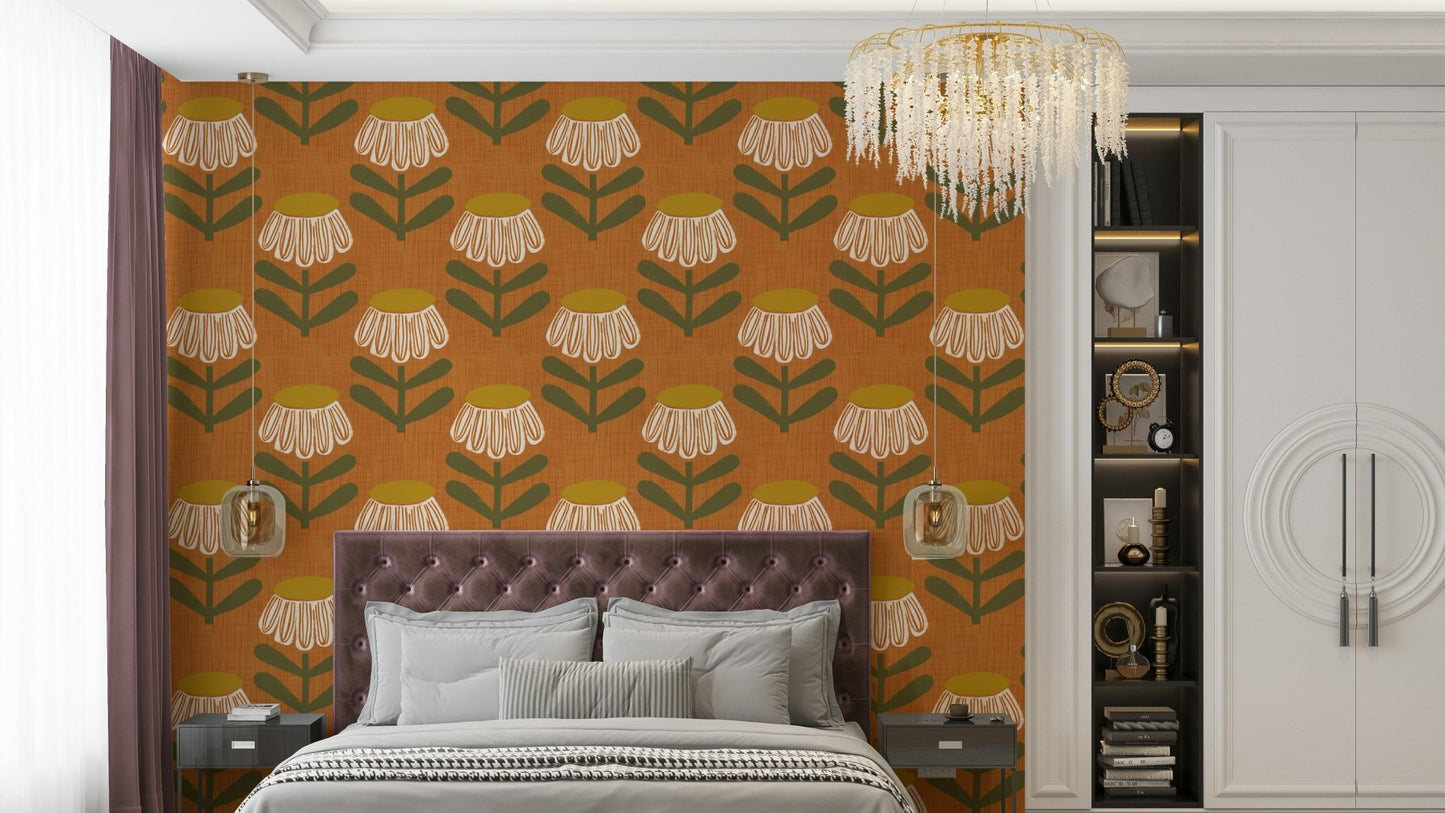 Retro floral burnt orange daisy wallpaper

